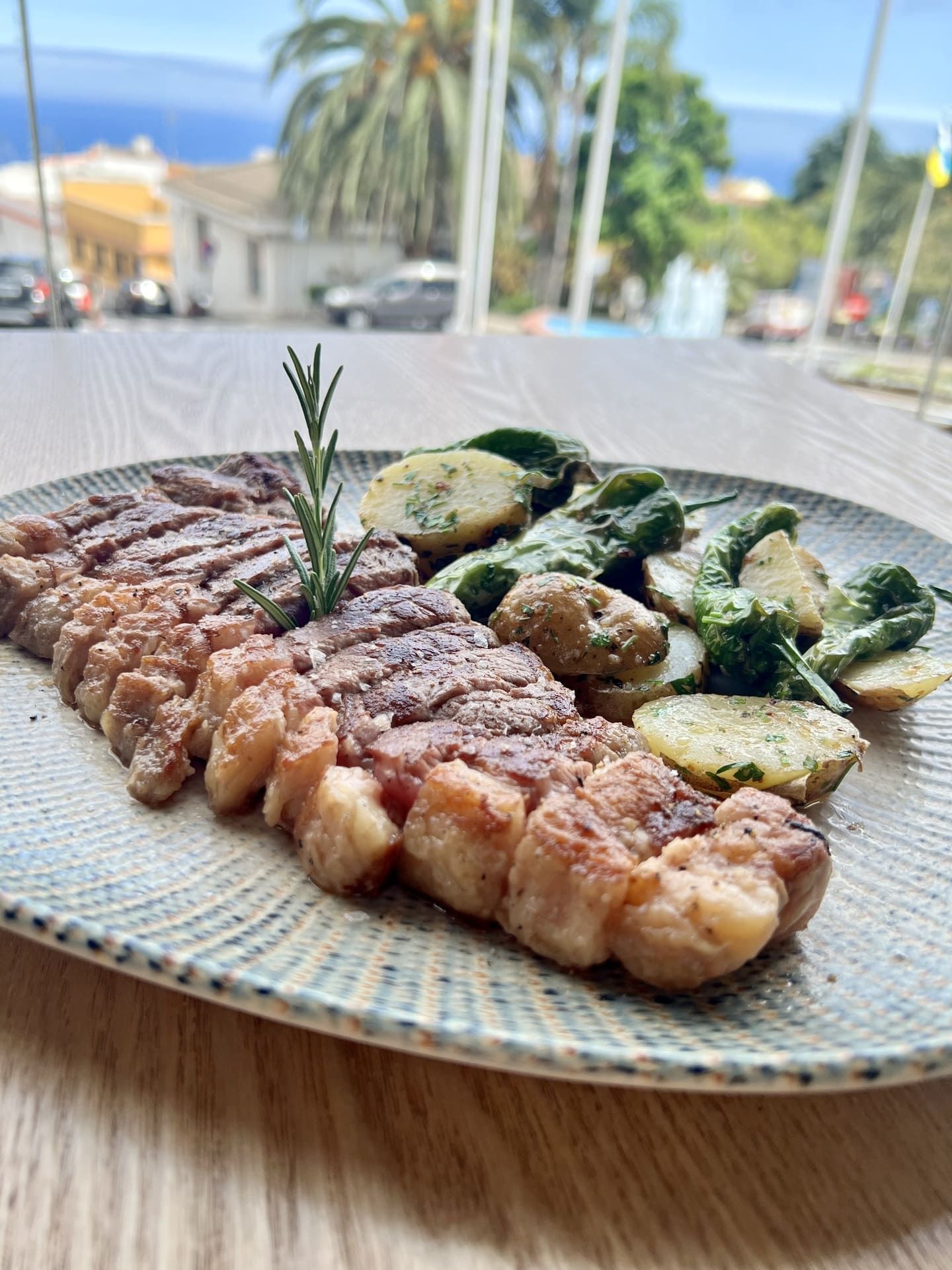Filete a la parrilla con verduras asadas en un plato, servido en un patio junto al mar con vistas a las palmeras.