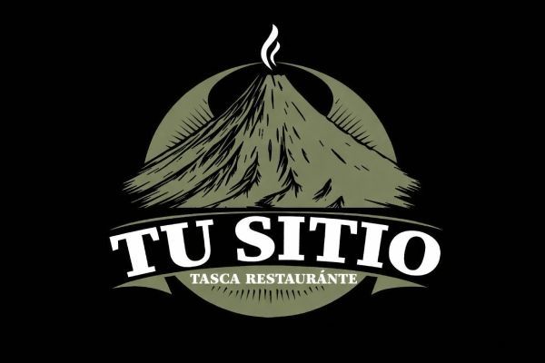 Un logotipo con forma de monta&ntilde;a con una llama en la parte superior, sobre el texto "TU SITIO" y "TASCA CAFETER&Iacute;A"