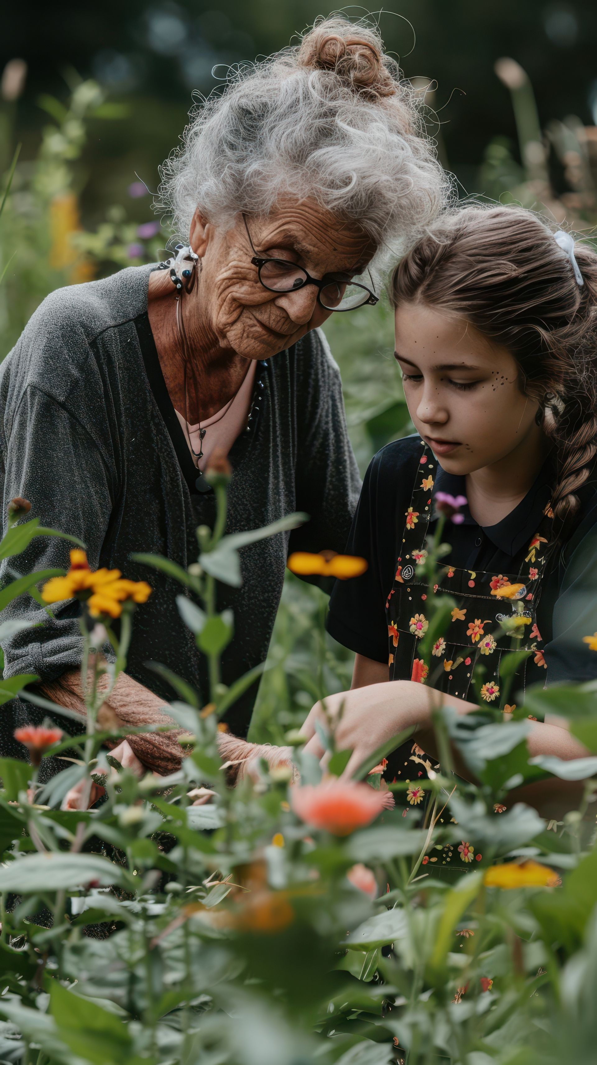 Une grand-mère et sa petite fille au jardin