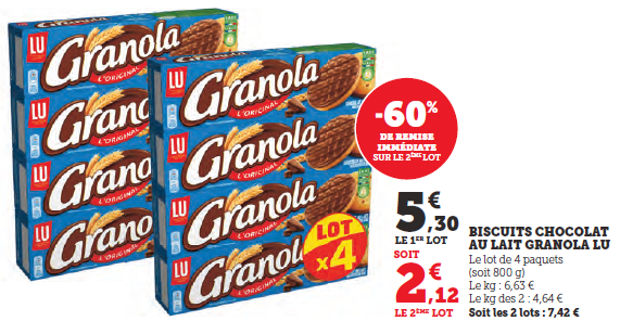 Biscuits chocolat au lait Granola Lu lot de 4 paquets  soit 800 gr -60% de remise immédiate sur le deuxième lot soit 5,30€ le premier lot et 2,12€ le second.