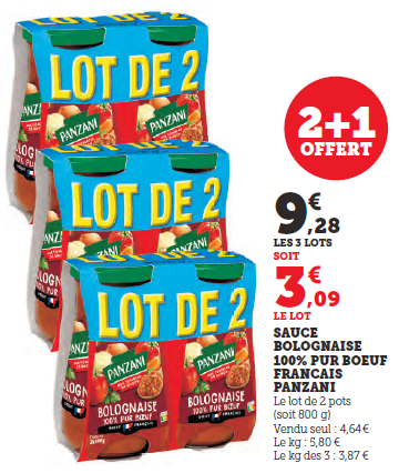 Sauce bolognaise 100% pur boeuf français Panzani lot de 2 pots soit 800 gr 2+1 offert soit 9,28€ le lot dee 3.