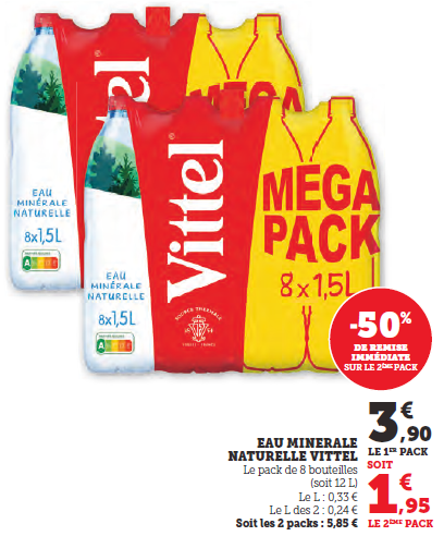 Eau minérale naturelle Vittel pack de 8 bouteilles -50% de remise immédiate sir le deuxième pack soit 5,85€ les 2 packs.