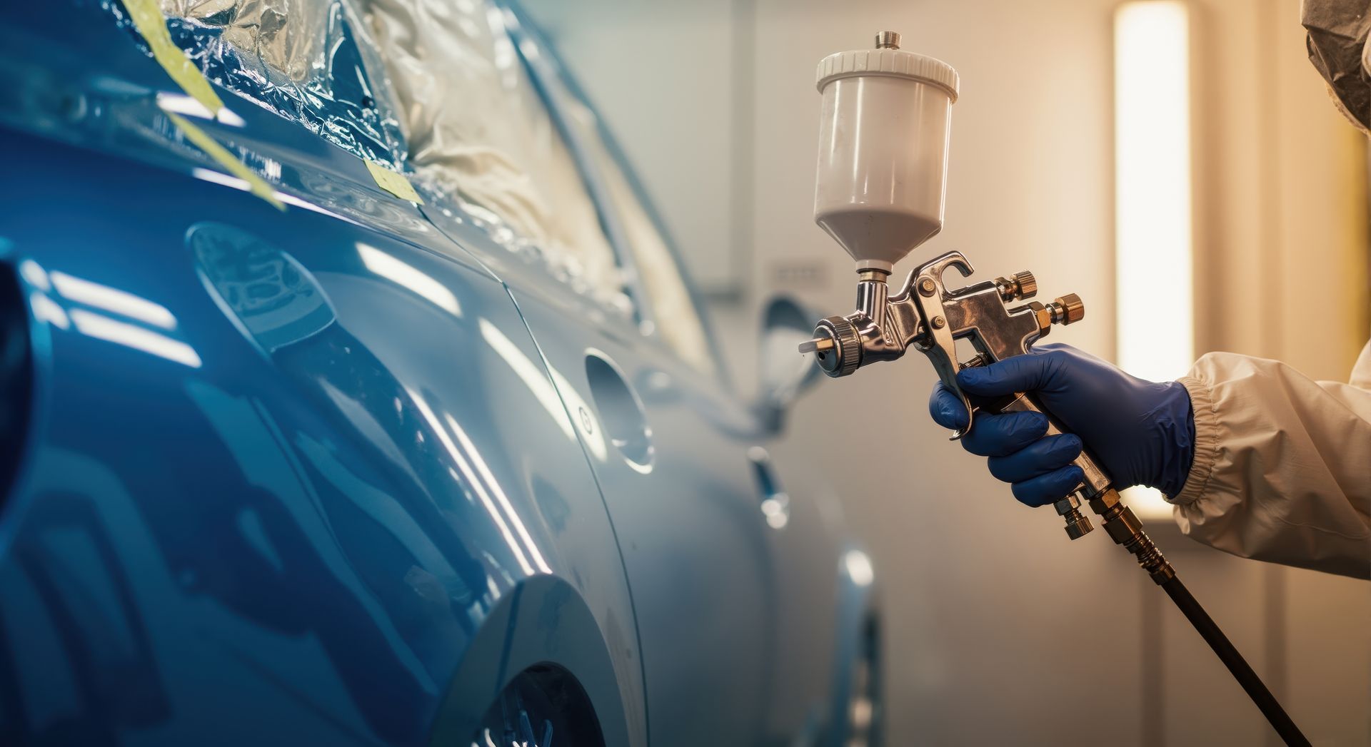 Peintre automobile en train de pulvériser de la peinture sur une voiture bleue dans un atelier avec un pistolet à peinture