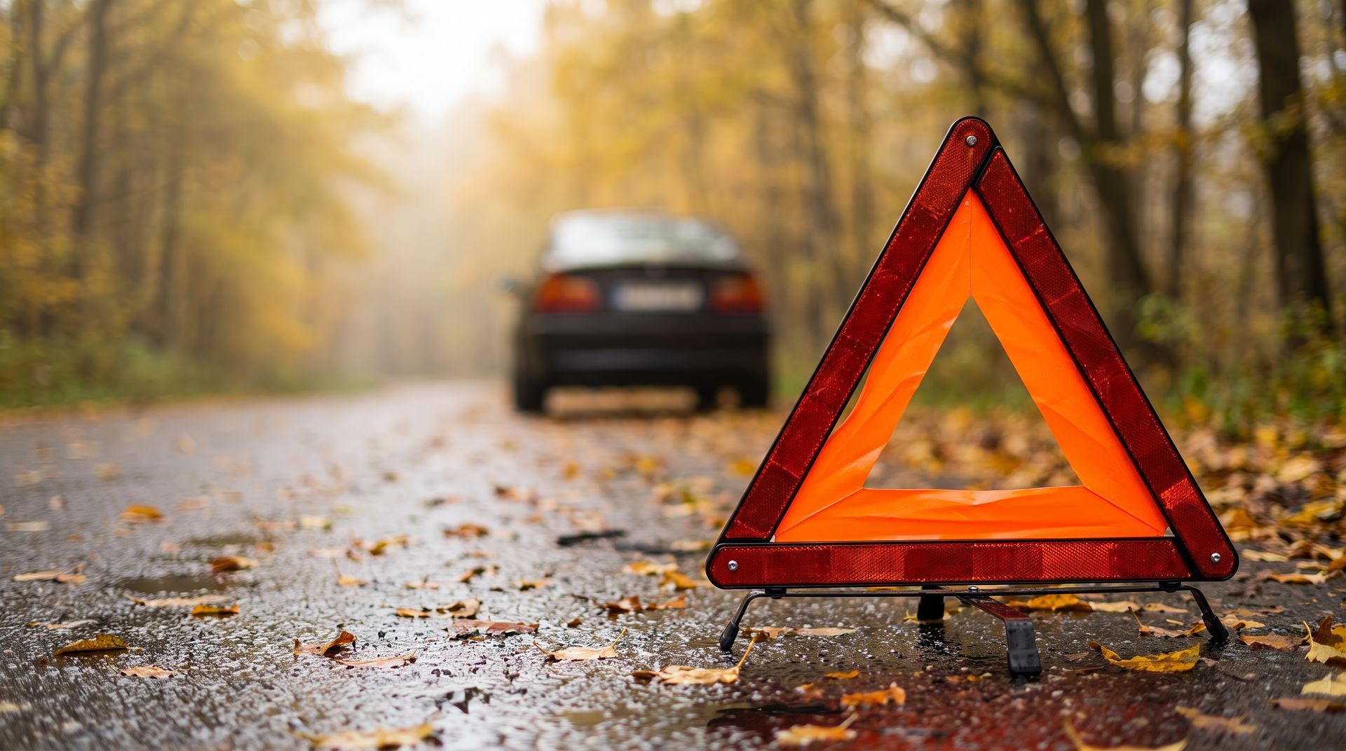 Triangle de signalisation réfléchissant rouge sur une route mouillée, avec une voiture floue en arrière-plan et des arbres aux couleurs automnales.