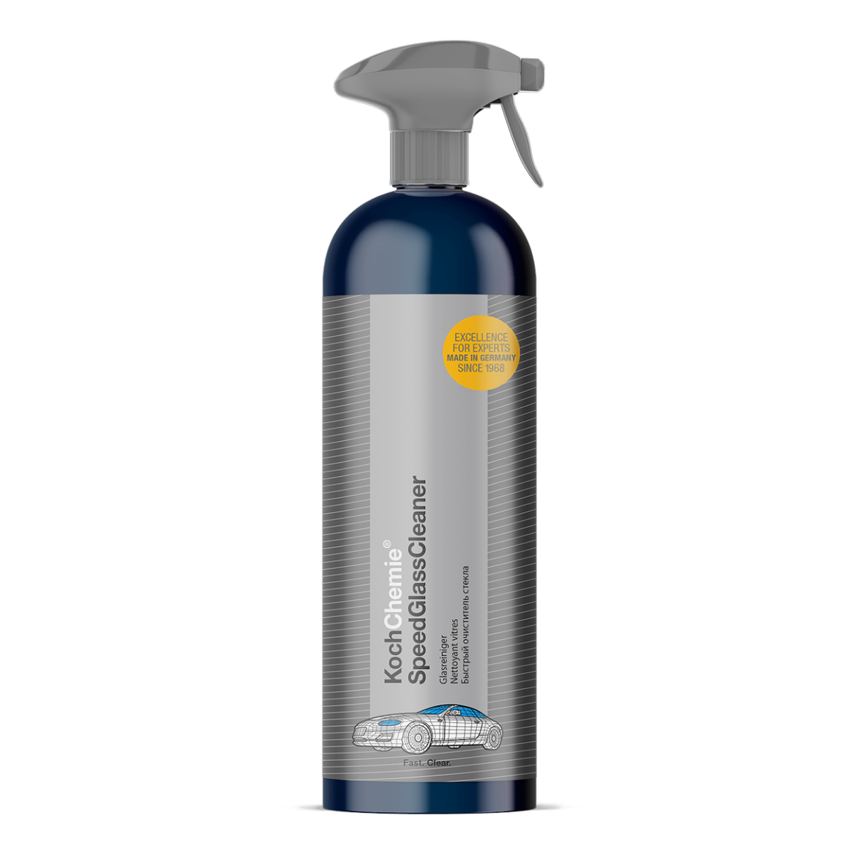 Flacon pulvérisateur bleu avec embout gris et étiquette argentée sur fond blanc