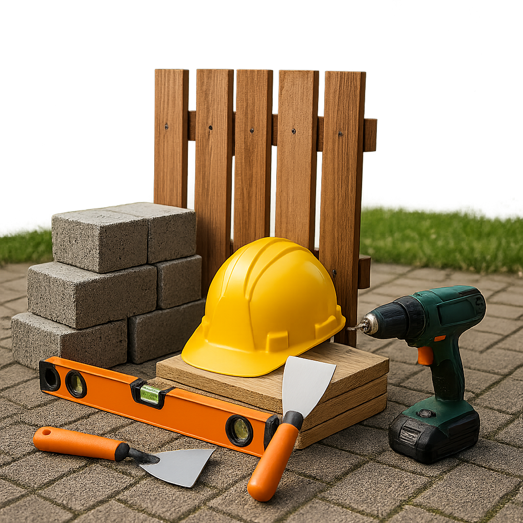 Un casque, une perceuse, un niveau, une spatule et des briques sont sur un trottoir en briques.