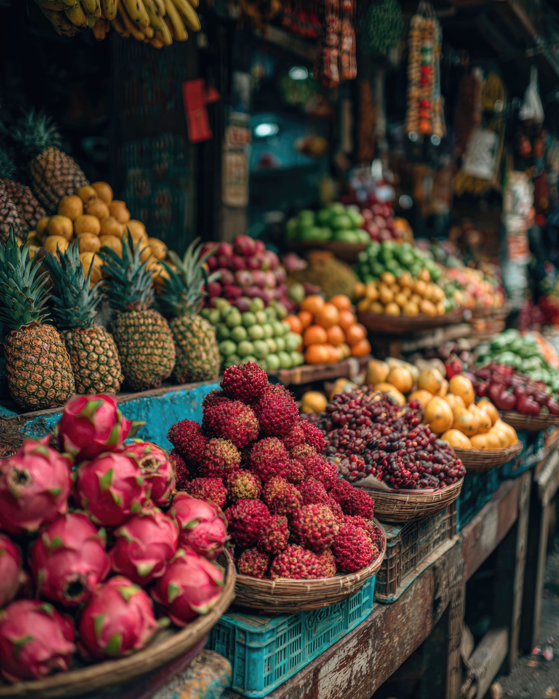 Étal de marché aux fruits débordant de fruits tropicaux colorés : fruits du dragon, litchis, ananas, oranges et plus encore.