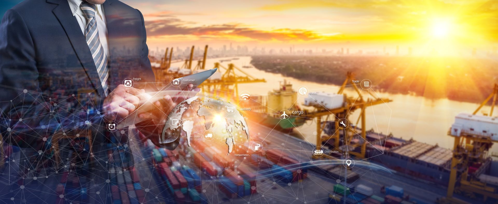 Homme d'affaires utilisant une tablette, superposé sur un port d'expédition avec un coucher de soleil.