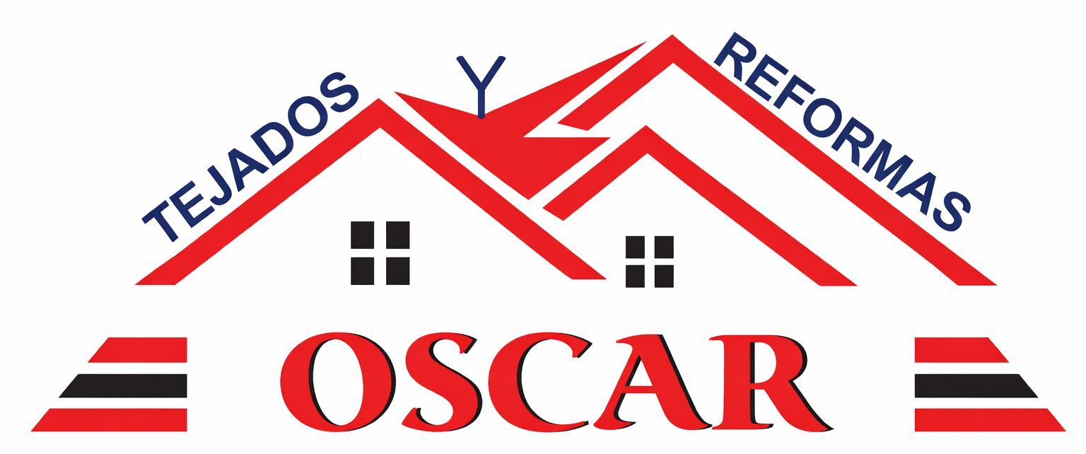 Logotipo de "TEJADOS Y REFORMAS OSCAR" que muestra una ilustraci&oacute;n de un techo rojo