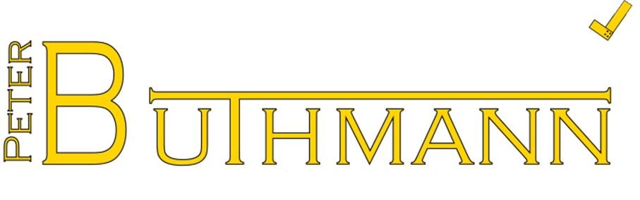 Logo mit dem Wort „PETER“ vertikal neben dem Wort „BUTHMANN“, geschrieben in Gelb mit einem Strich über „UTHMANN“.