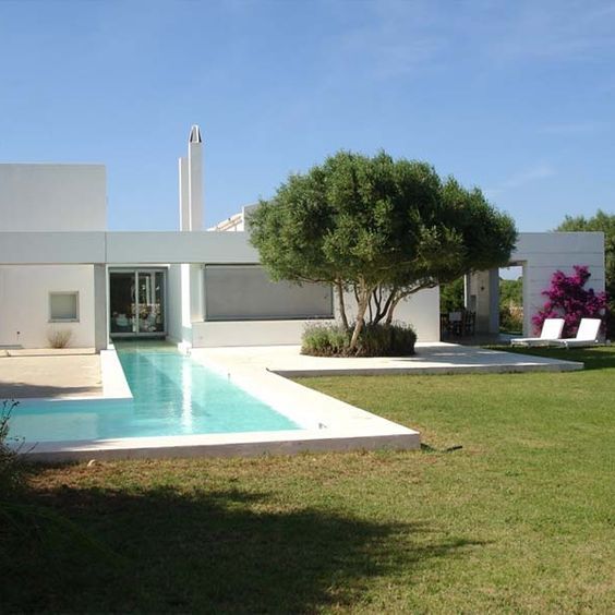 Moderna casa blanca con piscina rectangular, gran árbol y césped verde en un día soleado.