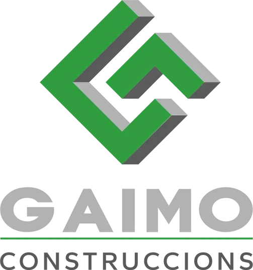 Logotipo de GAIMO Construccions en color verde y gris con formas abstractas "G" y "C".