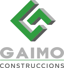 Logotipo de GAIMO Construccions en color verde y gris con formas abstractas "G" y "C".