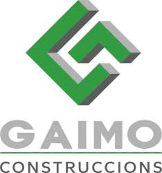 Logotipo de GAIMO Construccions en color verde y gris con formas abstractas "G" y "C".