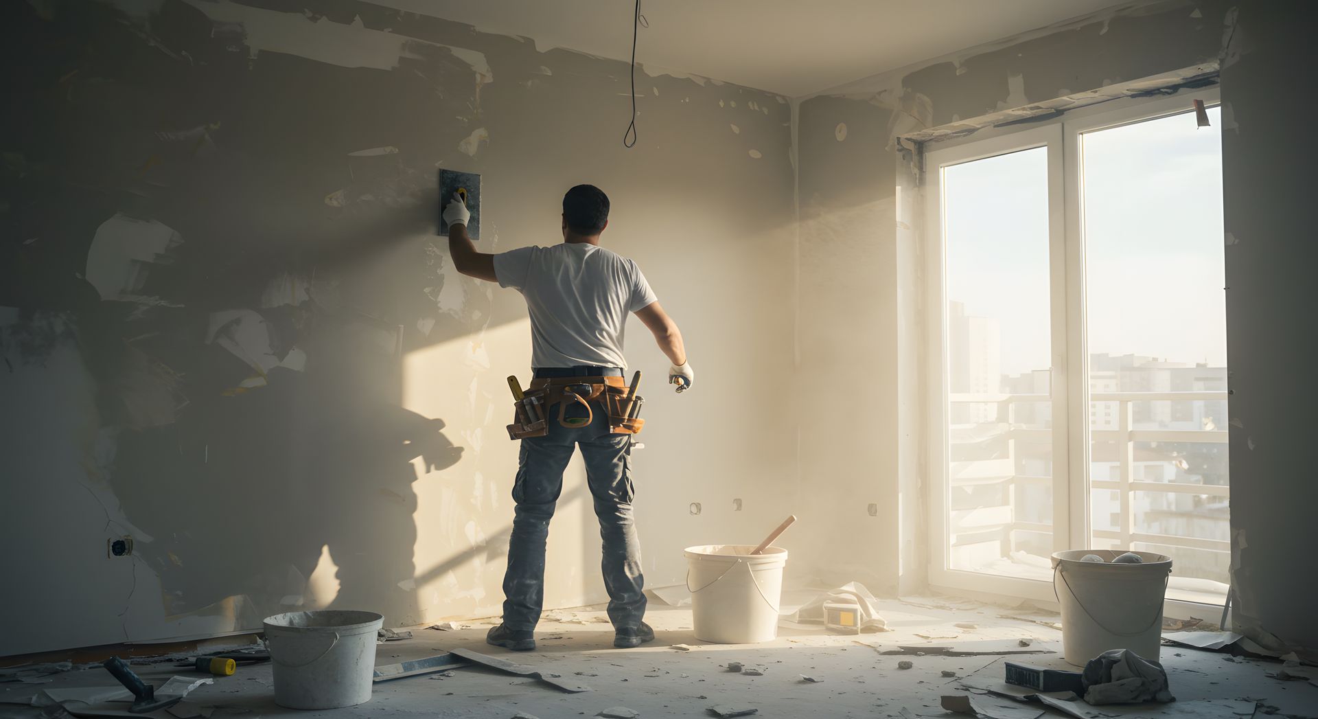 Person in Arbeitskleidung glättet mit Werkzeug und Eimern in einem hellen Raum den Putz einer Wand.