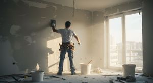 Person in Arbeitskleidung glättet mit Werkzeug und Eimern in einem hellen Raum den Putz einer Wand.
