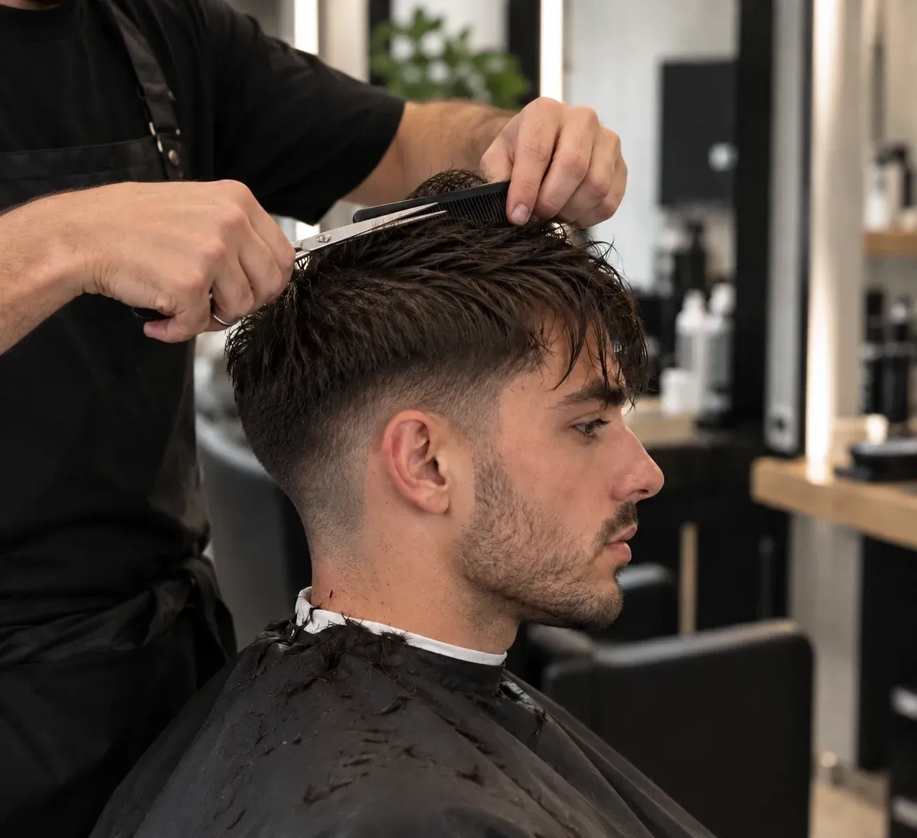 Peluquero cortando el cabello oscuro de un hombre en una barbería moderna.