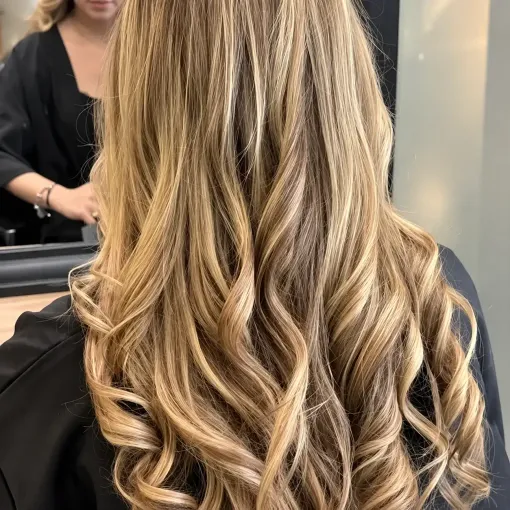 Cabello largo rubio ondulado con reflejos, peinado en rizos sueltos en un salón de belleza.