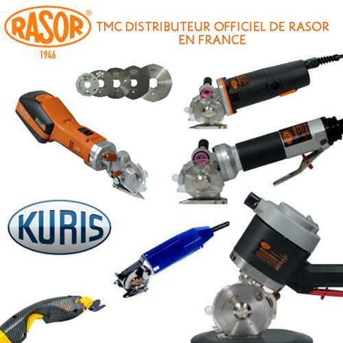 Assortiment d'outils de coupe de tissu RASOR/KURIS. Incluant des lames circulaires et des modèles portatifs.