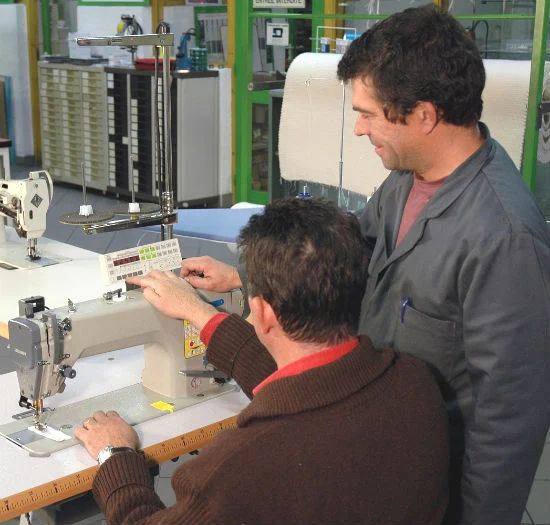 Deux personnes travaillent ensemble sur une machine à coudre dans une usine. L'une d'elles désigne un panneau de commande.