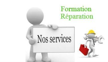 Bonhomme blanc tenant un panneau « Nos services » ; un autre avec une clé et une boîte à outils, texte « Formation Réparation ».