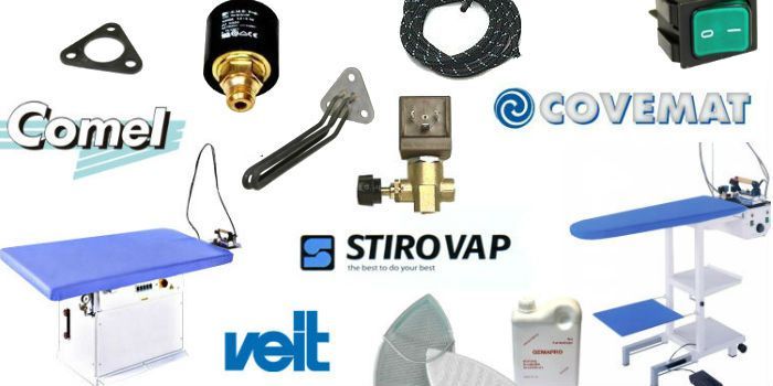 Assortiment de matériel et d'accessoires de repassage, notamment des marques Comel, Covemat et Stirovap.