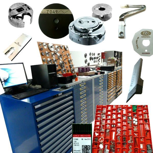 Un atelier de réparation de machines à coudre, avec diverses pièces exposées, notamment des tiroirs, des outils et un ordinateur.