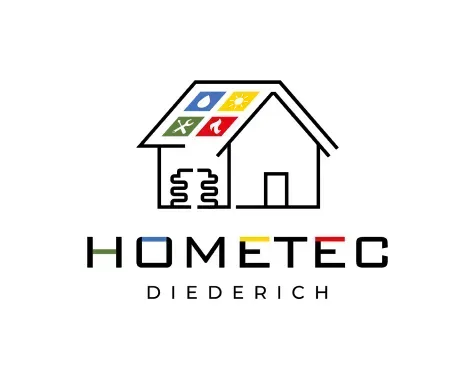 Logo für Hometec Diederich: Hausumriss mit farbigen Dachquadraten, darunter Text „HOMETEC“.