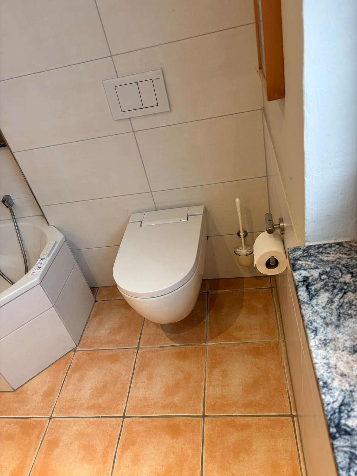 Eine Toilette in einem Badezimmer mit orangefarbenen Fliesen und weißen Wänden.