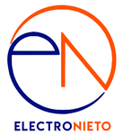 Logotipo con "e" azul y "N" naranja dentro de un círculo azul y un círculo naranja, texto "ELECTRONIETO" debajo.