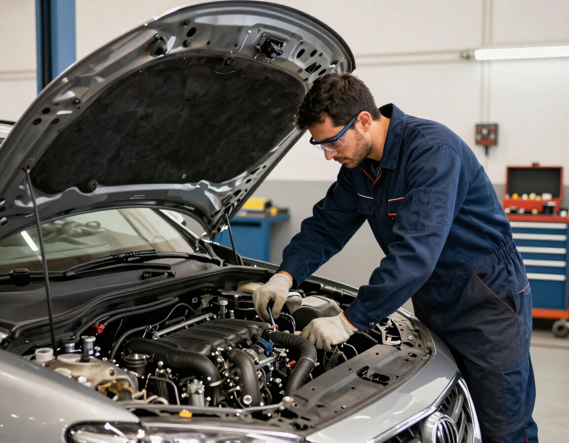 Un mecánico con un mono azul inspecciona el motor de un coche con el capó abierto en un taller