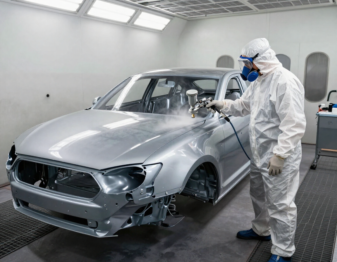Una persona con un traje de protección pintando con aerosol un coche plateado en una cabina de pintura.