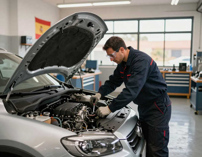 Un mecánico inspecciona el motor de un coche plateado en un taller de reparación de automóviles bien iluminado