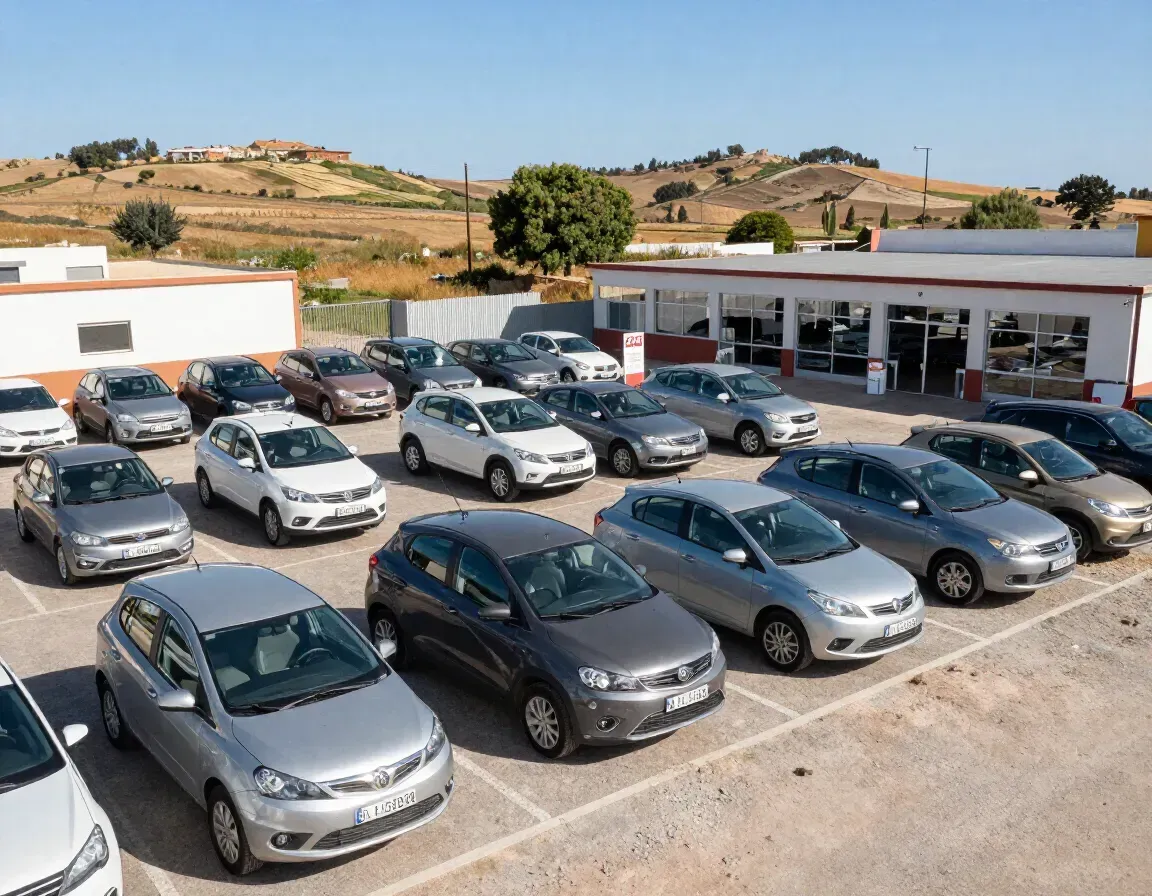 Filas de coches plateados y grises aparcados frente a un pequeño concesionario en un día soleado