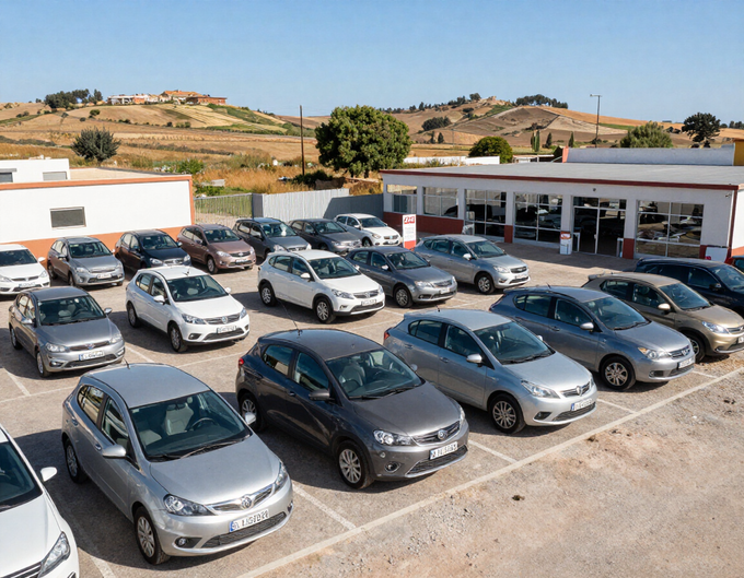 Un aparcamiento lleno de coches plateados y grises junto a un pequeño taller en un entorno rural.
