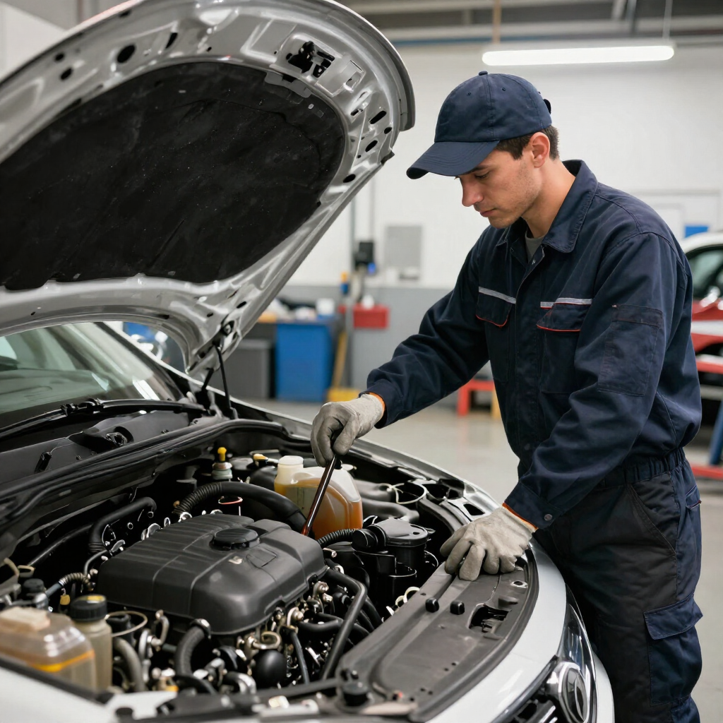 Mecánico con uniforme azul inspeccionando el motor de un coche con el capó abierto en un taller mecánico