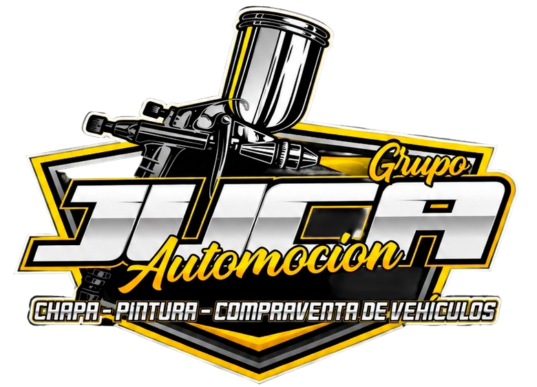 Logotipo de Grupo Automoción con una pistola de pintura y el texto «chapa, pintura y compraventa de vehículos».