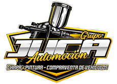 Logotipo de Grupo Automoción con una pistola de pintura y el texto «chapa, pintura y compraventa de vehículos».
