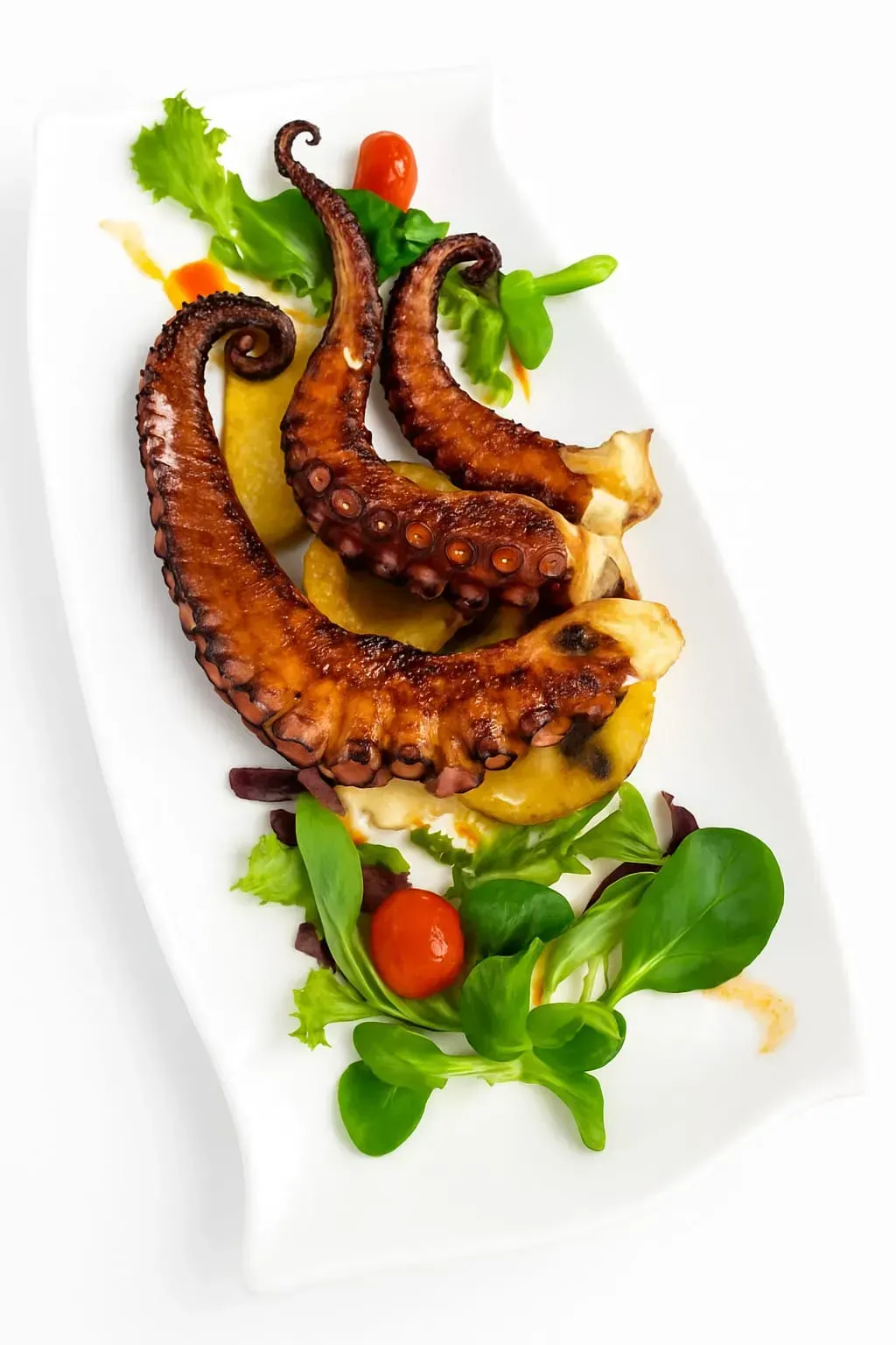 Tentáculos de pulpo a la parrilla servidos en un plato rectangular blanco con verduras frescas, tomates cherry y patatas en rodajas.
