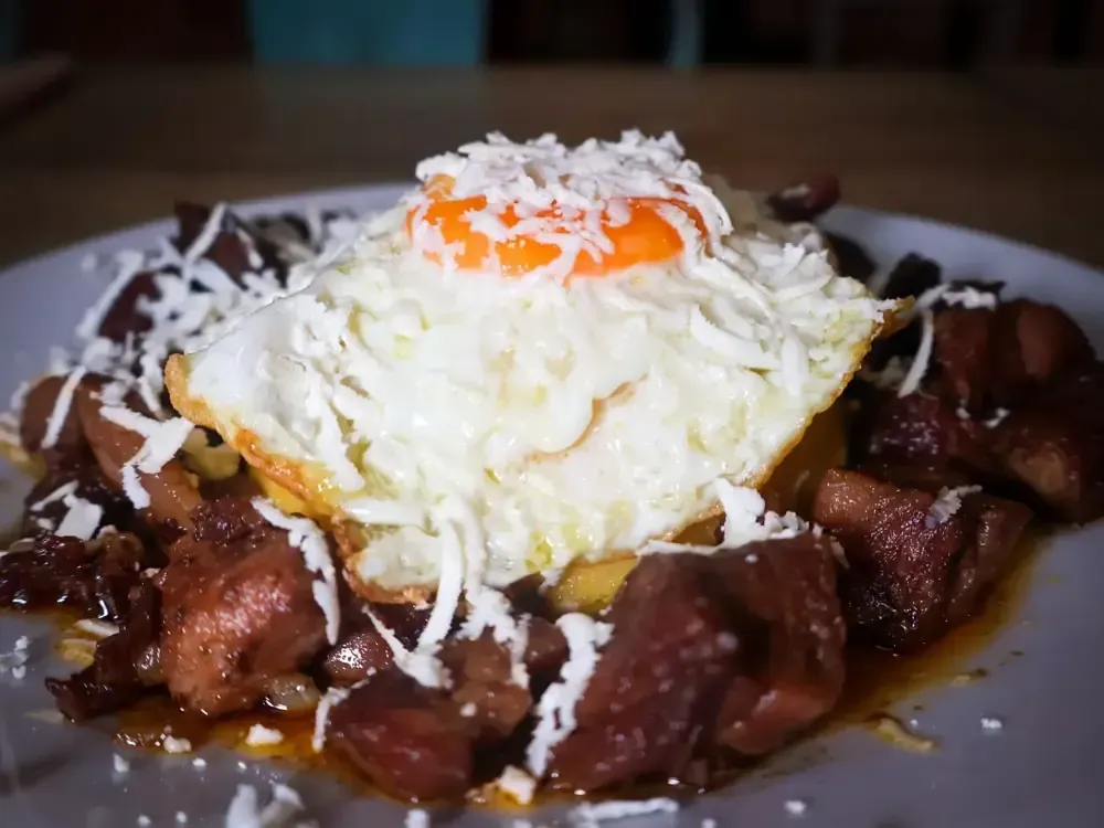 Un huevo frito cubierto con queso blanco rallado reposa sobre una cama de trozos de carne cocida en un plato.
