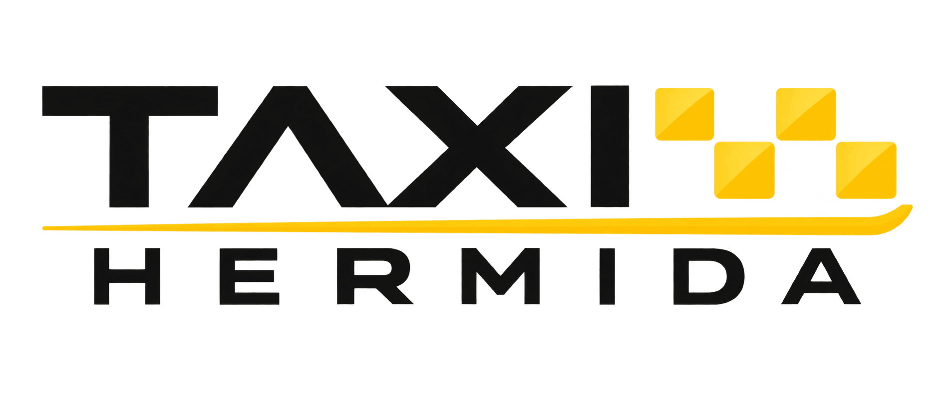 Logotipo de Taxi Hermida en negro y amarillo con taxis estilizados y cuadrados a cuadros.