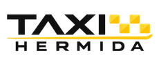 Logotipo de Taxi Hermida en negro y amarillo con taxis estilizados y cuadrados a cuadros.