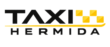 Logotipo de Taxi Hermida en negro y amarillo con taxis estilizados y cuadrados a cuadros.