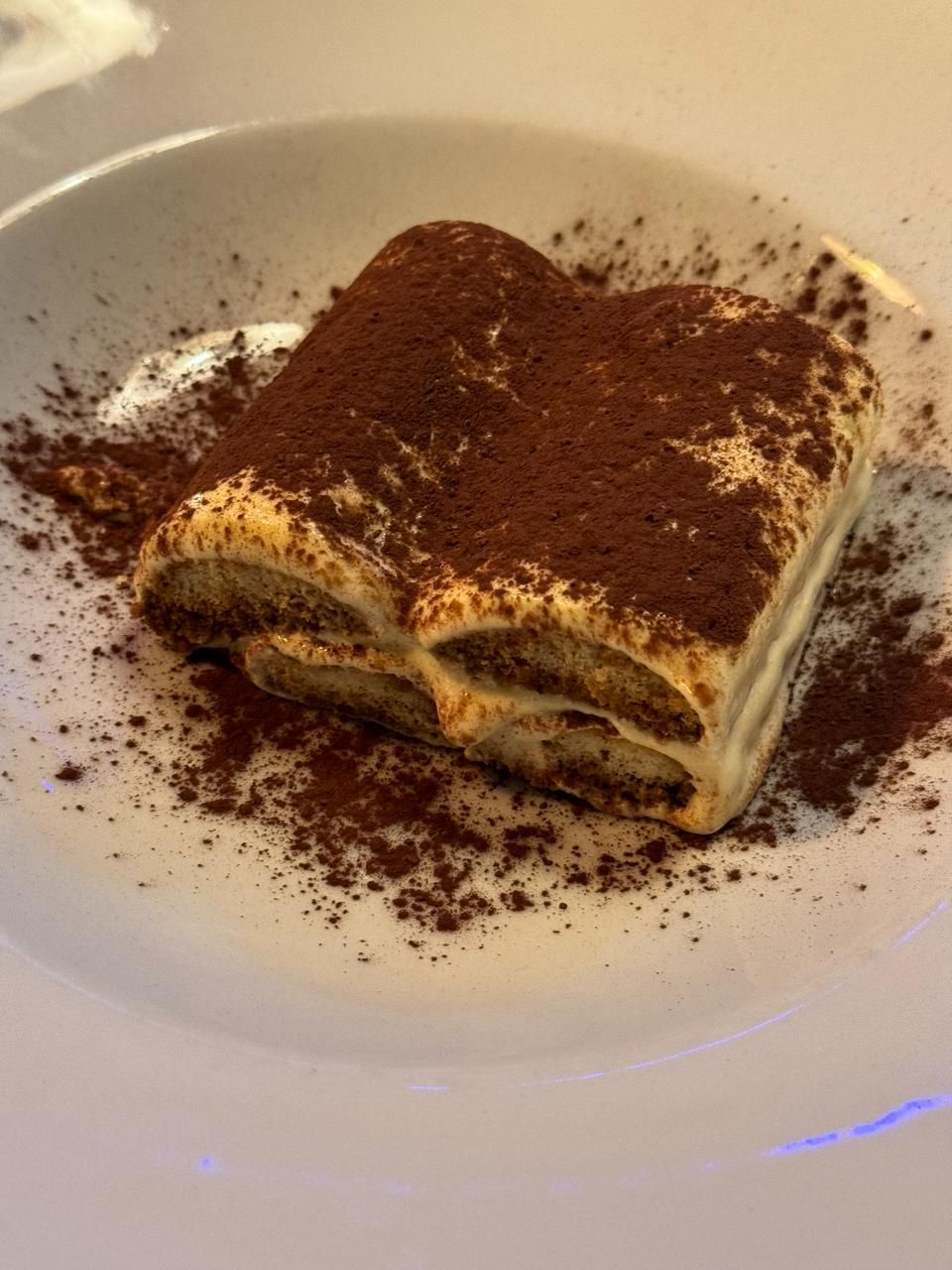 Tiramisu-Dessert auf einem weissen Teller, mit Kakaopulver bestäubt.