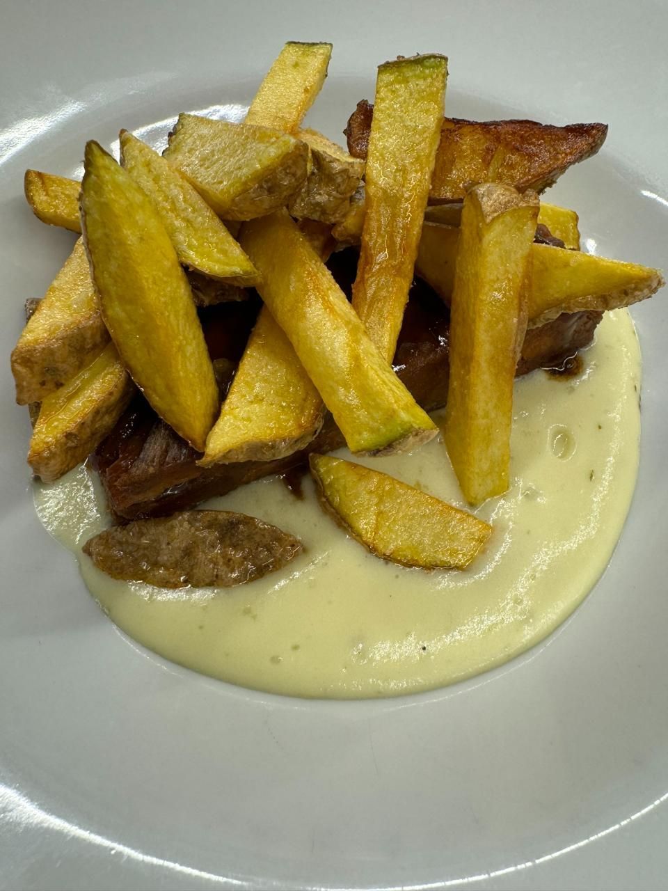 Teller mit Essen: Fleisch, gelbgrüne Pommes frites, cremige Sosse und ein kleines braunes Teil.