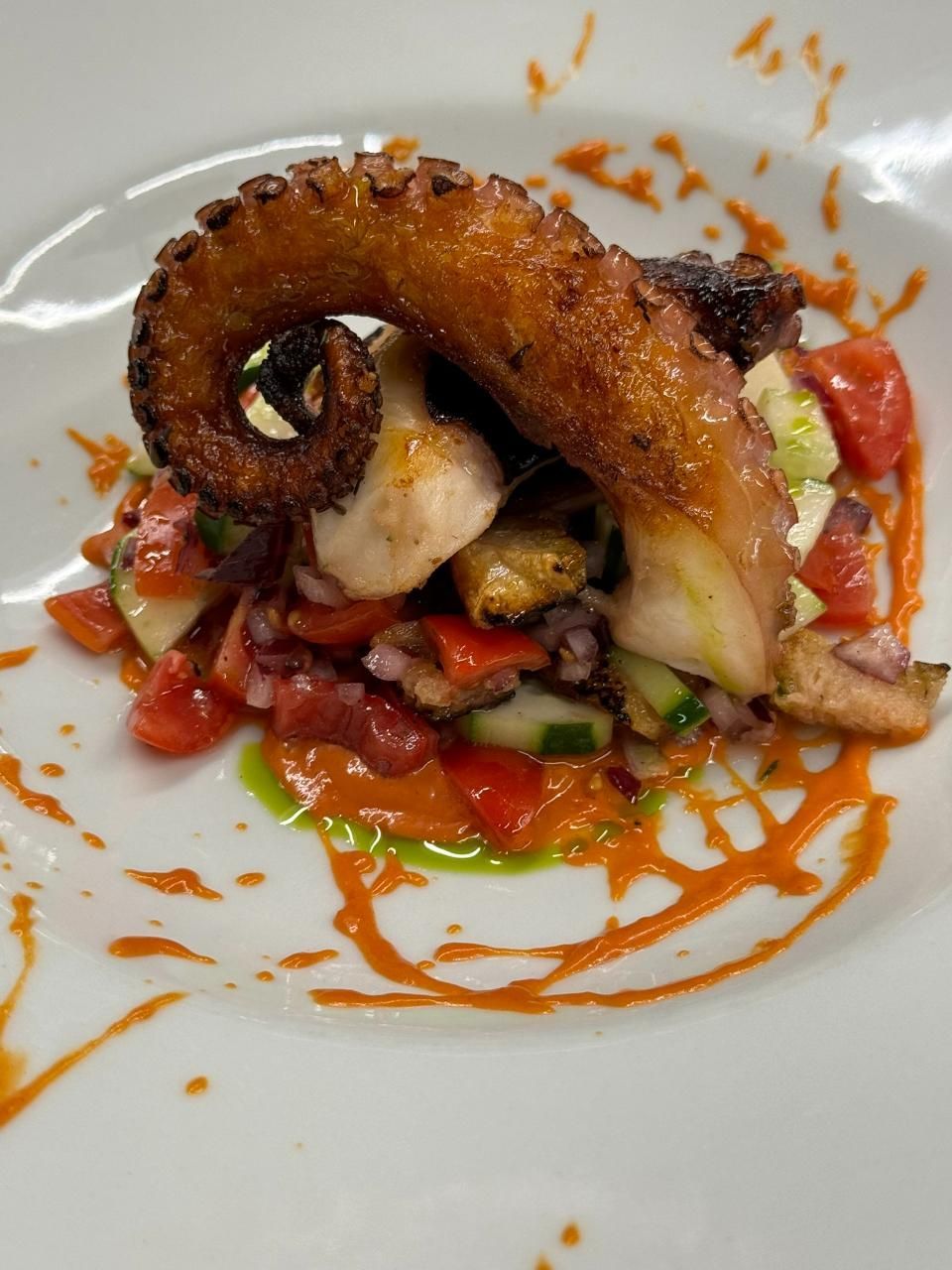 Gebratener Oktopusarm auf einem Tomaten-Gurken-Salat, beträufelt mit Orangensauce, auf einem weissen Teller.