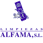 Logotipo de Limpiezas Alfama, SL, que presenta un icono de limpieza de color morado y texto sobre un fondo blanco.