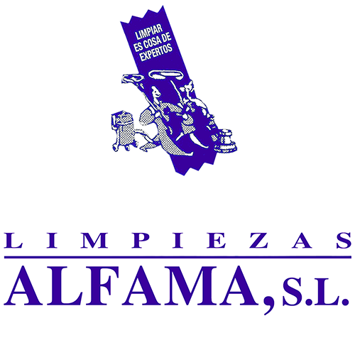 Logotipo de Limpiezas Alfama, SL, que presenta un icono de limpieza de color morado y texto sobre un fondo blanco.