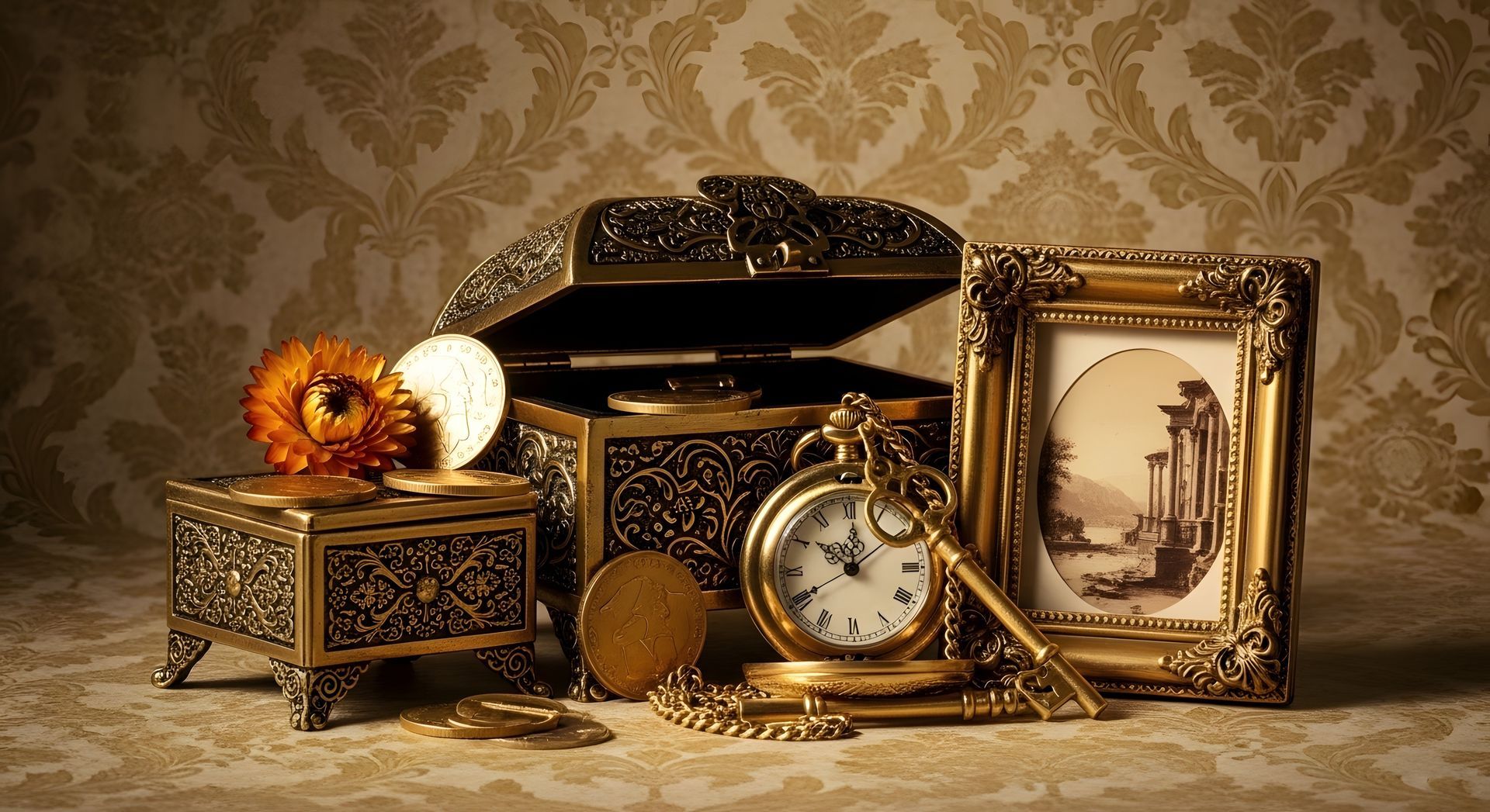 Décoration vintage ornée de tons dorés, comprenant une horloge, un tableau encadré et une boîte à bijoux sur une table à motifs.
