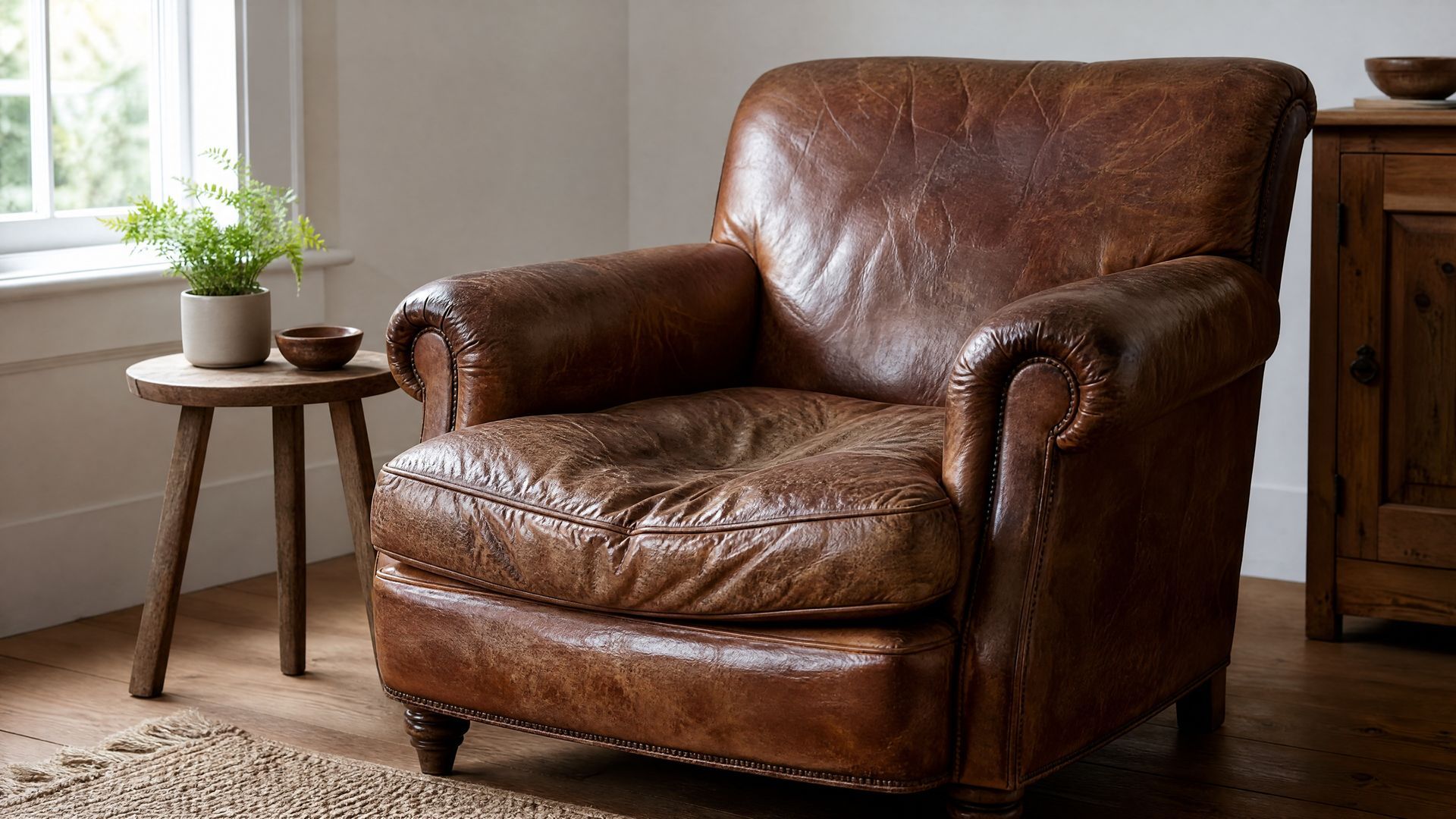 Fauteuil en cuir marron à côté d'une petite table d'appoint en bois dans un salon confortable près d'une fenêtre